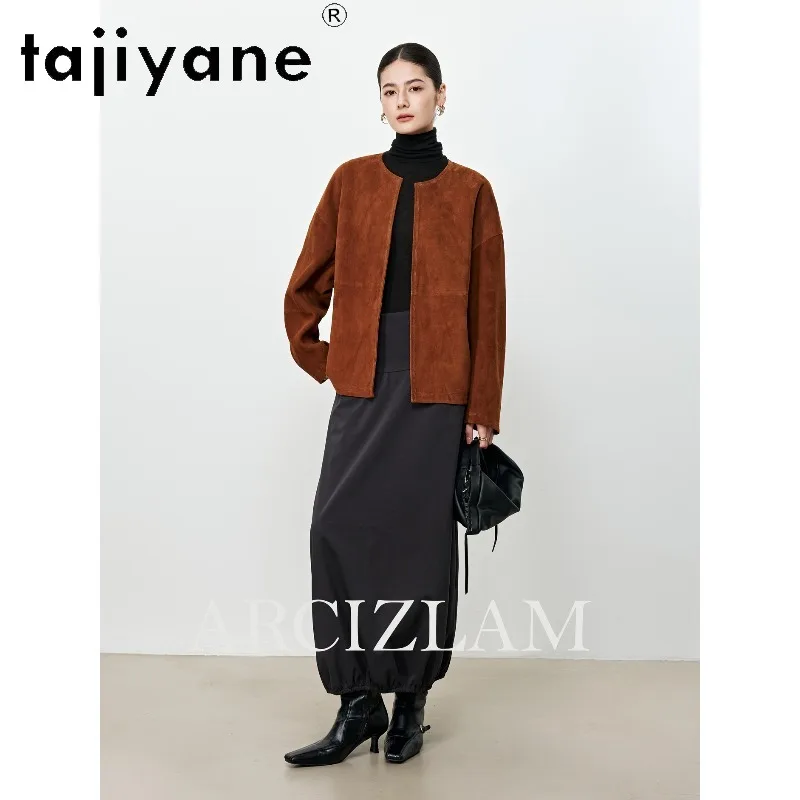 TAJIYANE Short Goatskin Suede Genuine Leather Jacket Woman Loose Leather Coat Round Neck Jackets for Woman Office Lady Outerwear