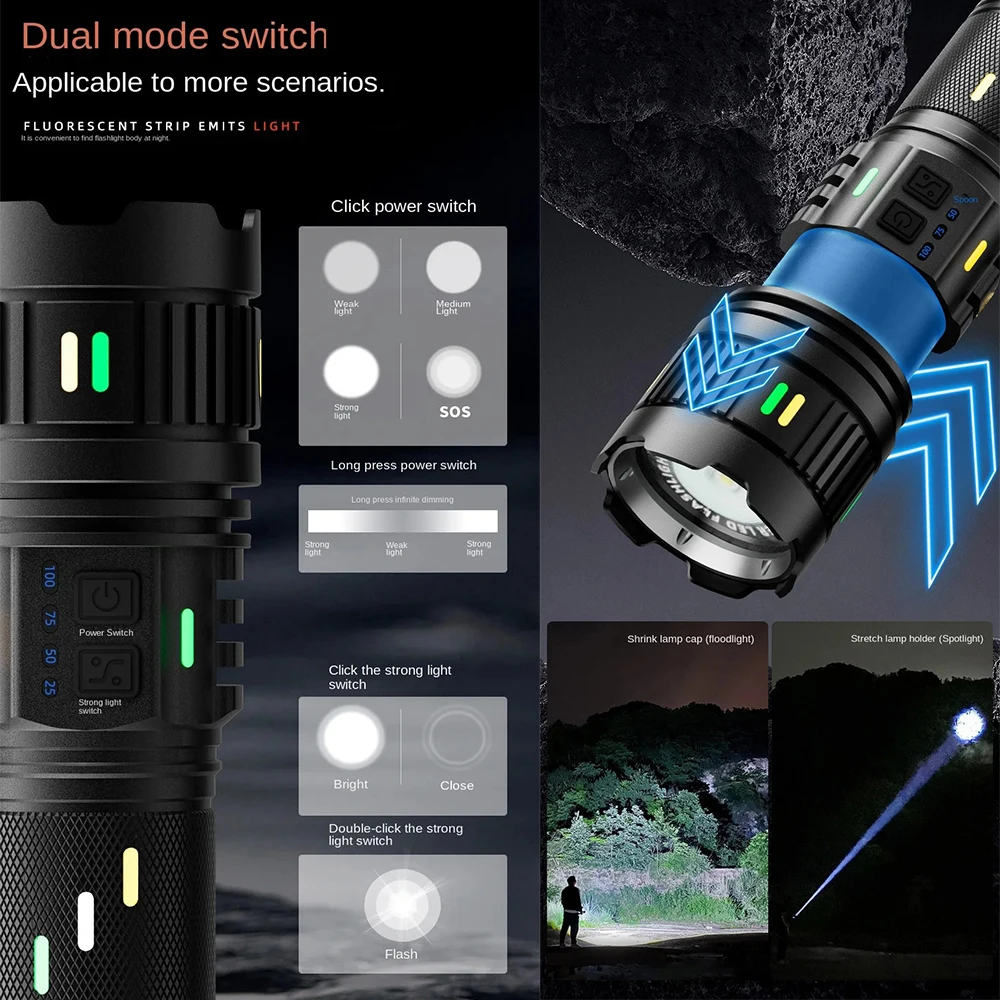 High Power LED Flashlight USB Rechargeable Powerful Lantern Long Range Tactical Torch With Luminous Strip Strong Light Lamp