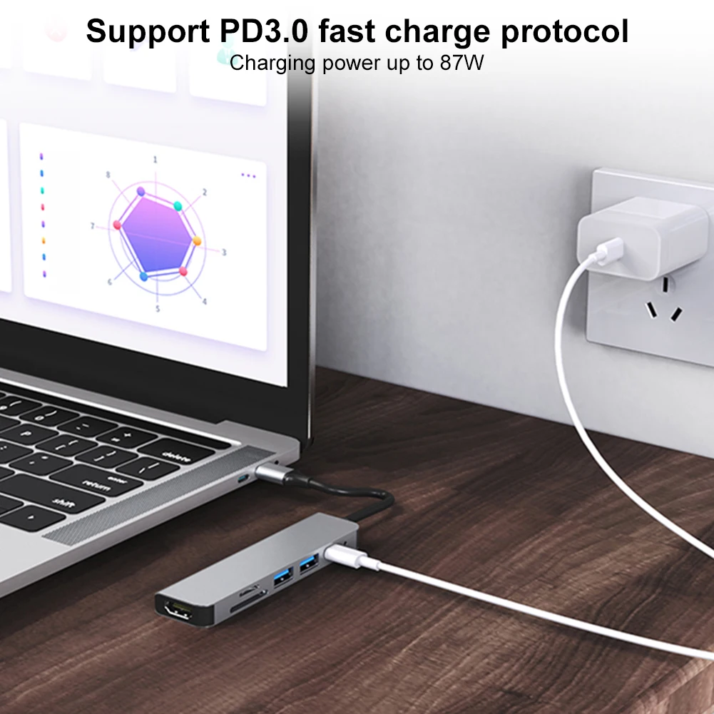 

6 in 1 USB C Hub 100W PD 4K HDMI-Compatible USB C Multi-Port Adapter USB 3.0 USB 2.0 for USB C Laptops and Other Type C Devices