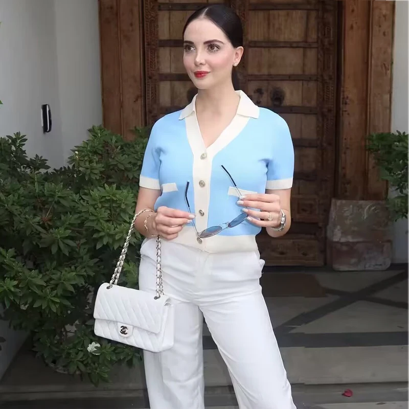 MUJER 2025 여성용 니트 가디건 블루 크롭 스웨터 가디건 여성용 반팔 니트 탑 여성용 휴가 니트웨어 여성용