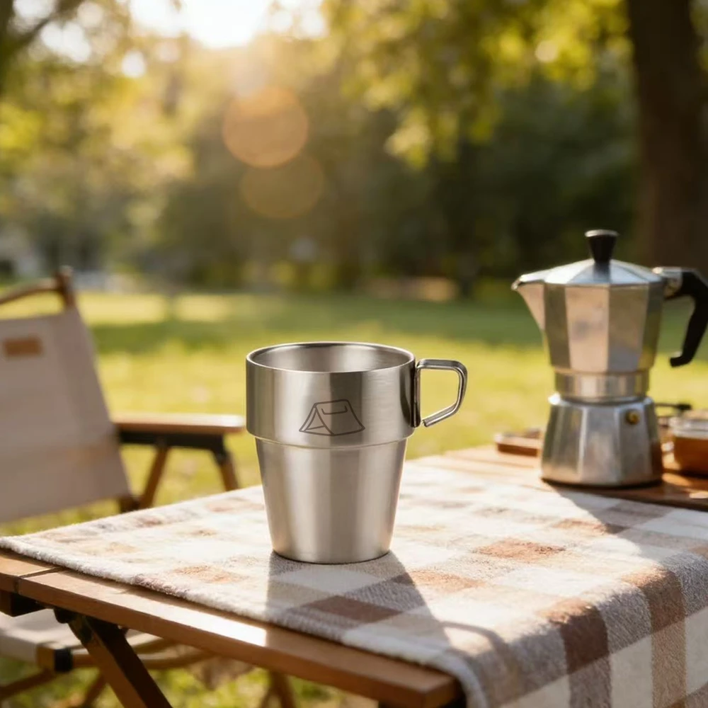 4er-Pack Campingbecher aus Edelstahl mit Griff, 10 Unzen, doppelwandig, stapelbar, Camping-Kaffeebecher mit Netztasche für Outdoor-Reisen – Detail 5