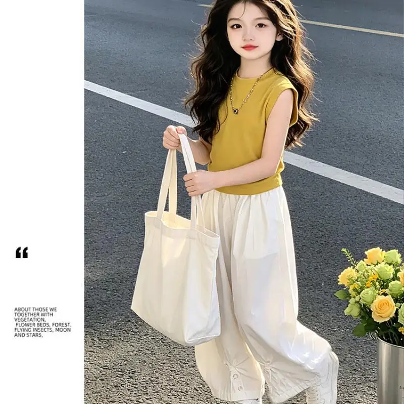 

Summer New Girls Short-Sleeved Casual Pants Suit Girls Korean T-Shirt Harem Wide-Leg Pants Korean Style Children's Two-Piece Set
