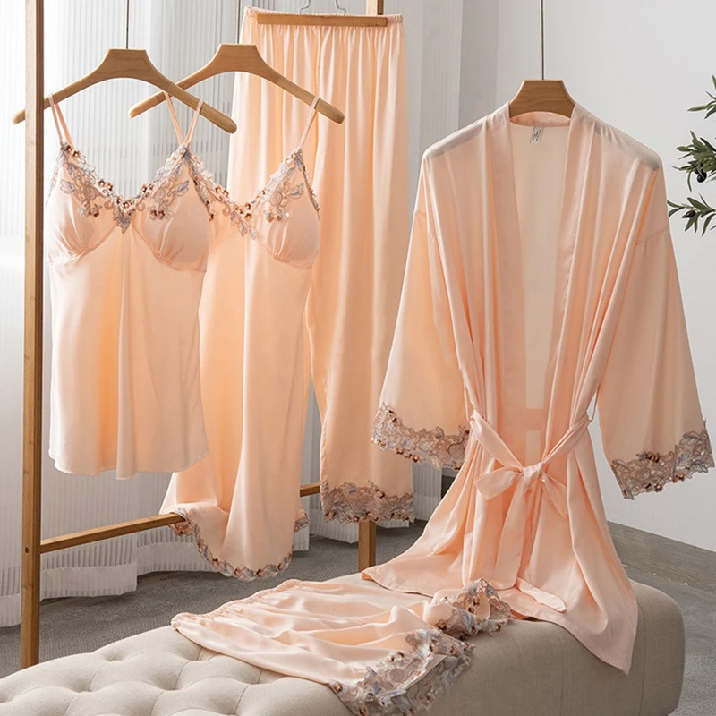 Spring Summer 5PCS PAJAMAS SET Sexy Lace Trim Bath Robe Nightgown Female Satin Cami Pijamas Suit Loose Home Clothes Lounge wear