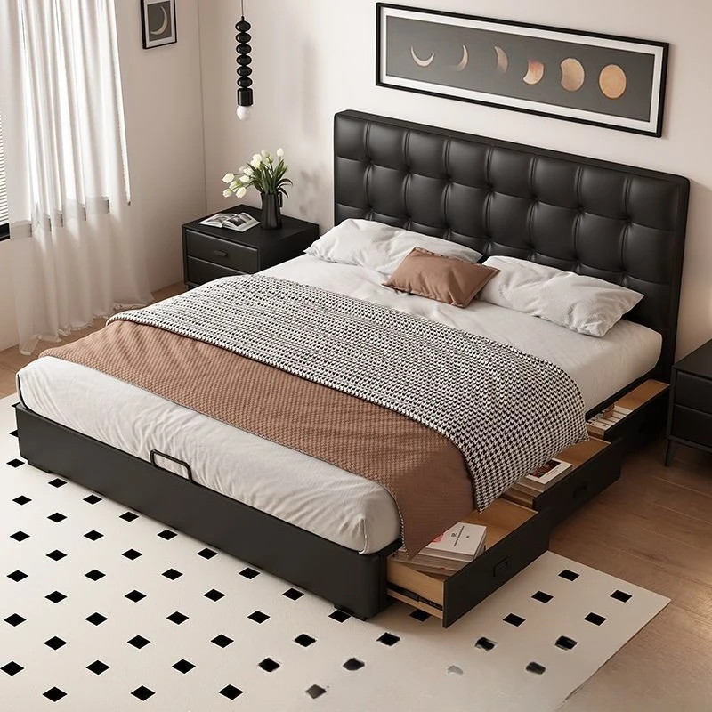 

European leather French retro storage waffle bed master bedroom