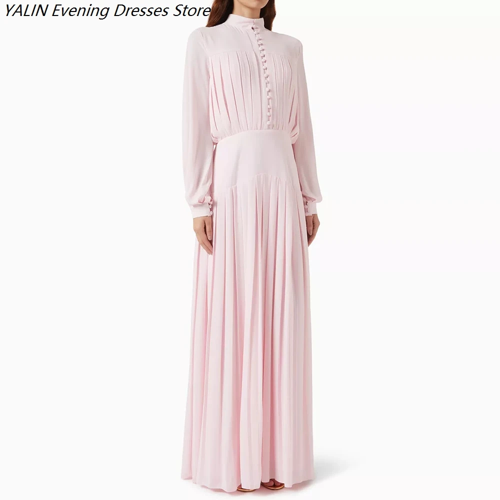 

Women's A-line Evening Dresses Floor-length High-neck Full Sleeve Prom Dresses Fashion Pleat Button Draped Customized Gowns