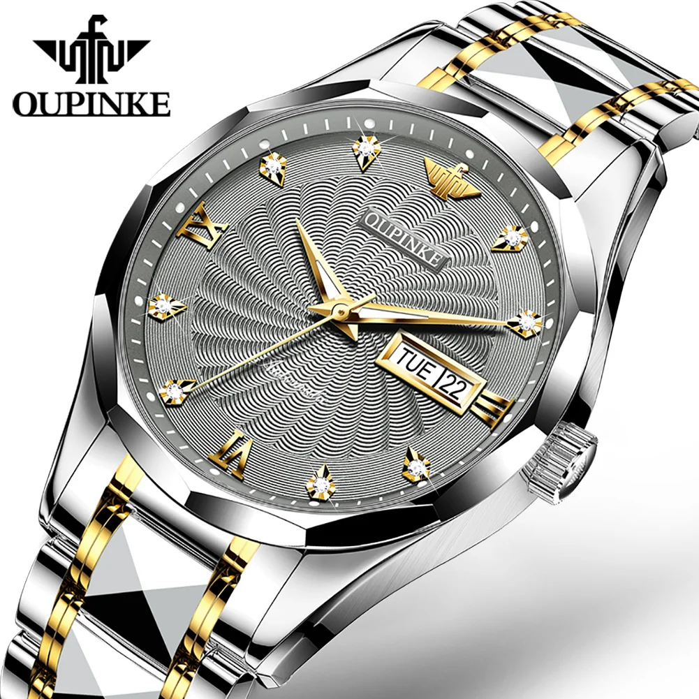 

OUPINKE Mens Watches Brand Automatic Mechanical Stainless Steel Tungsten Fashion Business Calendar Sapphire Luminous Waterproof