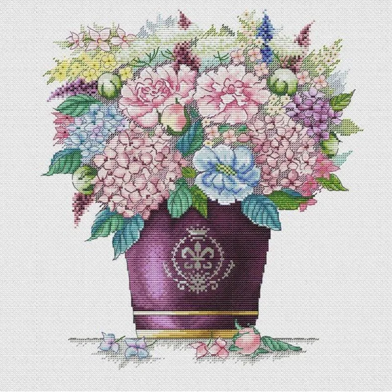 Borduurpakket 14CT Canvas Kruissteek Borduurset Craft -20-Ijzeren Emmer Bloem Serie Hortensia 38-41 Kruissteekset