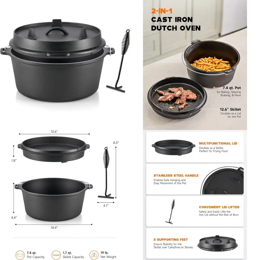 

Dartmoor 9-Quart Seasoned Cast Iron Dutch Oven with Lid and Lifter for Outdoor Cooking and Camping