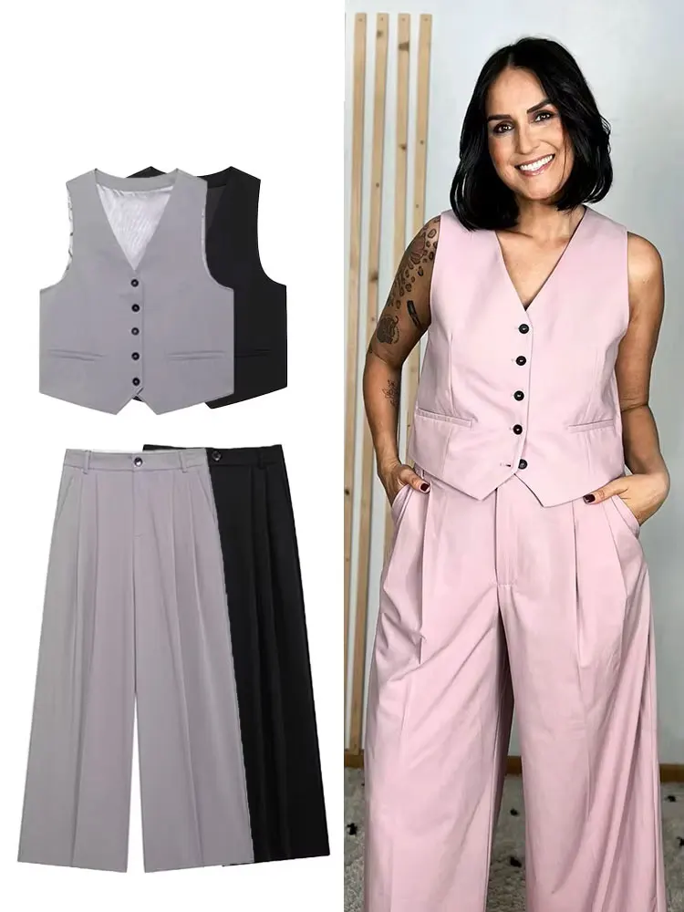 HH 2024 herbst frauen Elegante Feste Hosen Set Ärmellose V-ausschnitt Einreiher Weste + Hohe Taille Gerade Hosen Mode anzug