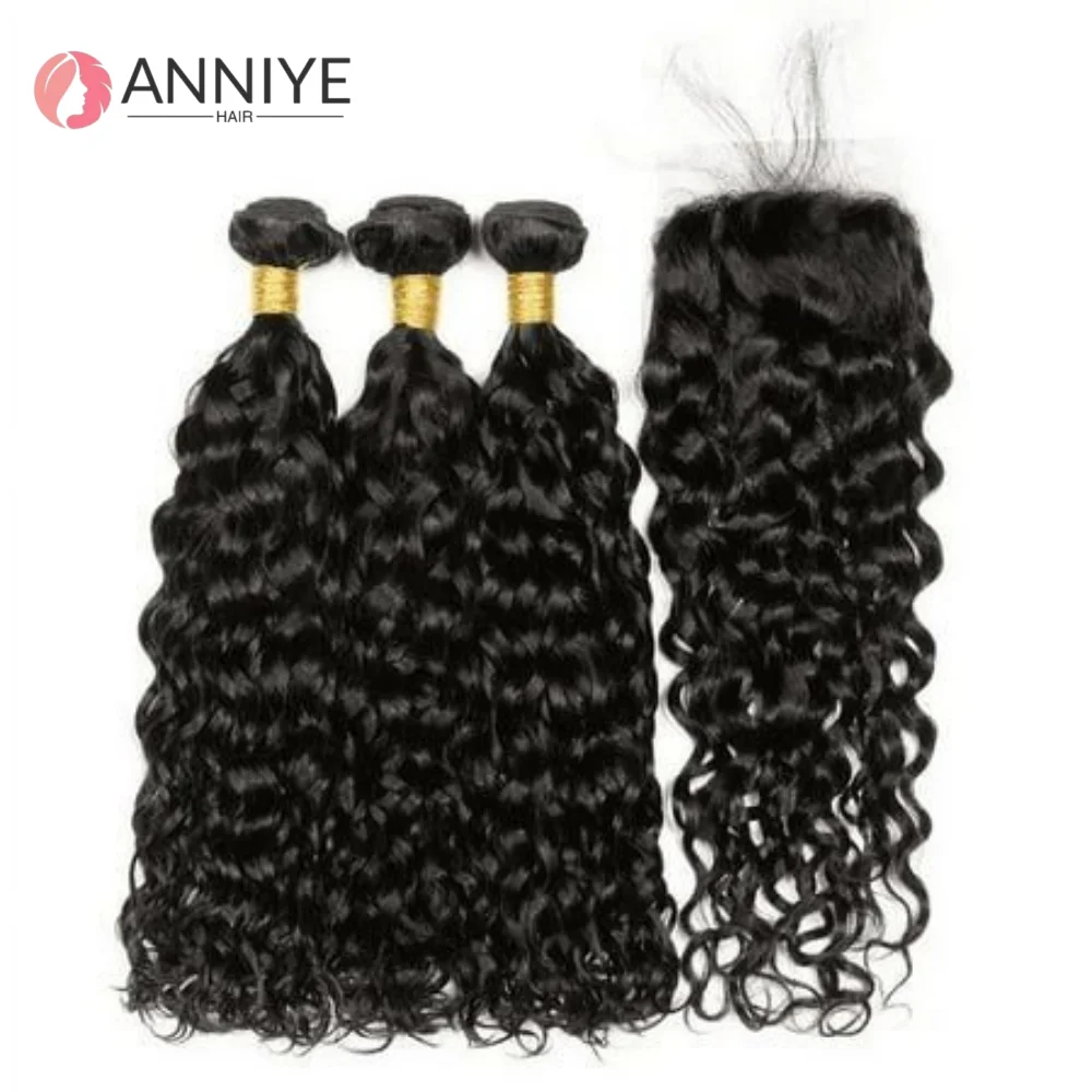 

Brazilian Remy Water Wave Human Hair Bundles With Closure HD Transparent 4x4 Lace Closure And Weave Extension Soft ANNIYE Hair