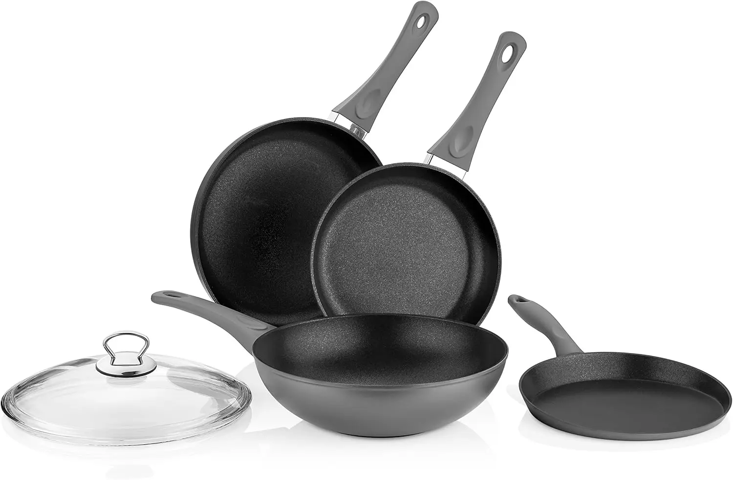 Nonstick 5 Piece Wok and Fry Pan Set 4mm Forged Aluminum with PFOA Free Scratch-Resistant Coating from England, Dishwas