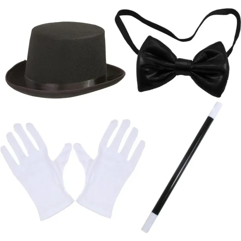 

4 Pc Magician Costume Men Halloween Magician Dress Up Costume Kit with High Hat Wand Gloves and Bow Tie for Adult Themed Party