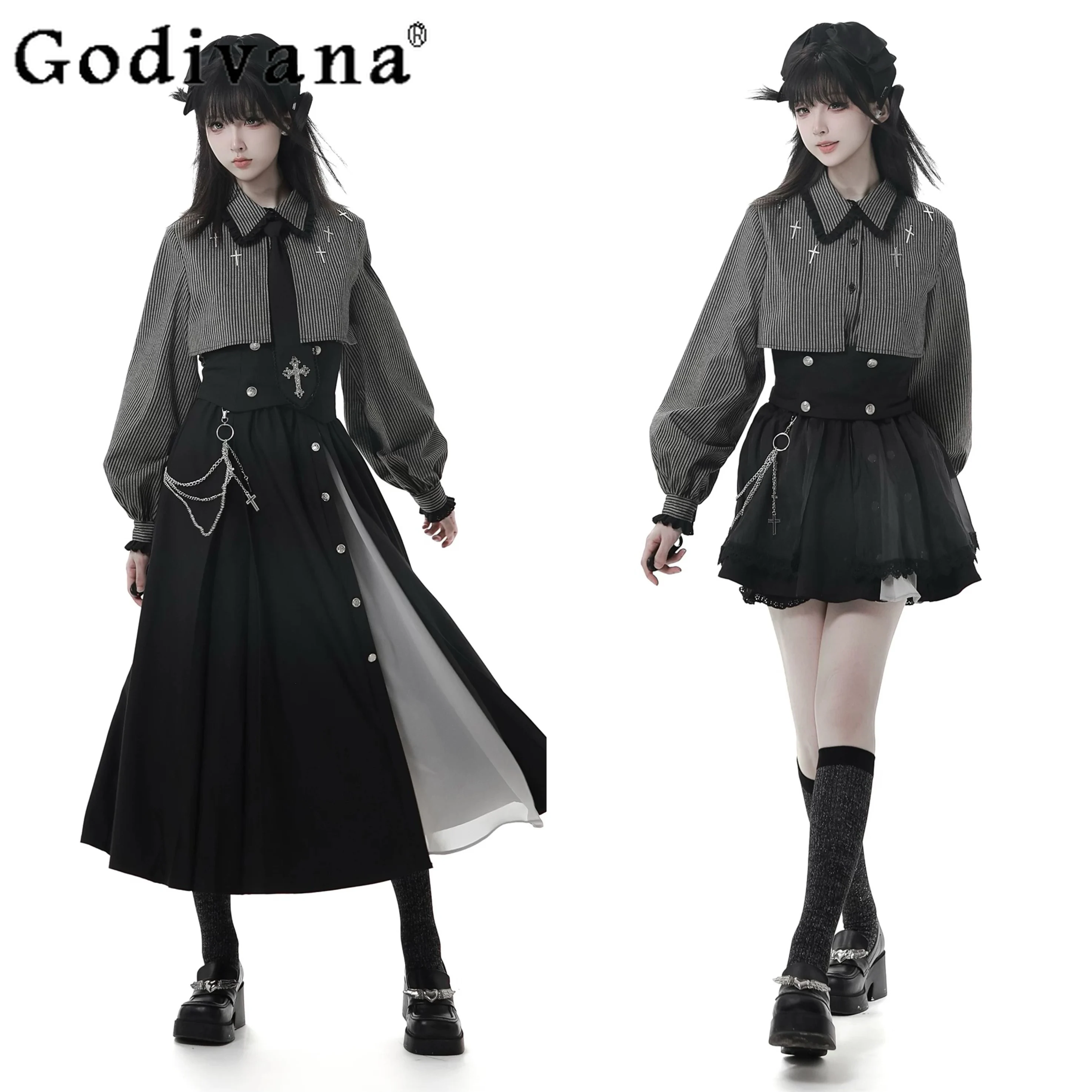 

Original College Style Women's Outfits Autumn New 2025 Student Sweet Cool Gothic Long Sleeve Striped Shirt Skirt Waistband Set