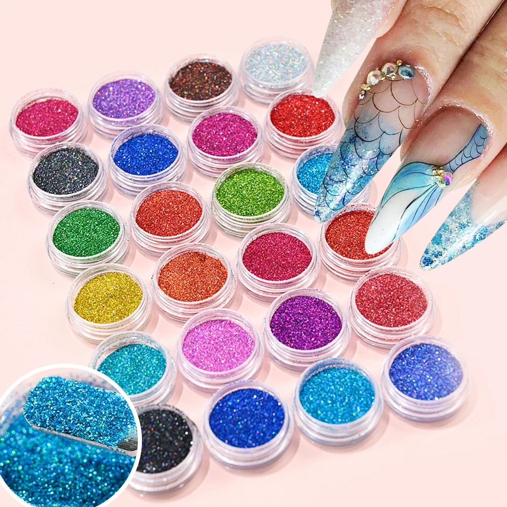 24-Colors/Set Laser Nail Art Glitter Powder 0.2mm Holographic Shiny Chrome Pigment Dust Dazzling Xmas/Party DIY Manicure Powder