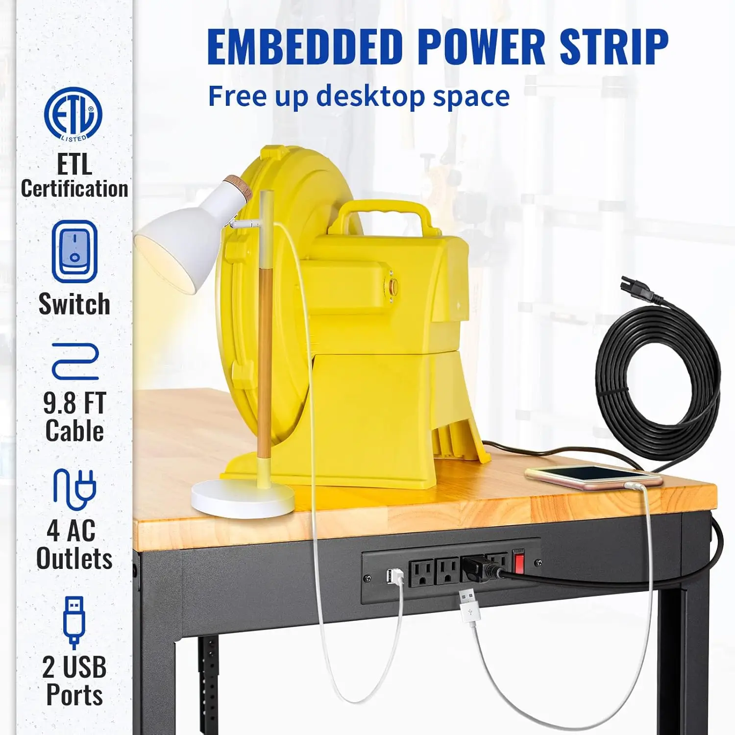 Workbench Adjustable Height, 61" x 20" Garage Table with 27.1" - 36" Heights & 2000 LBS Load Capacity, with Power Outlets