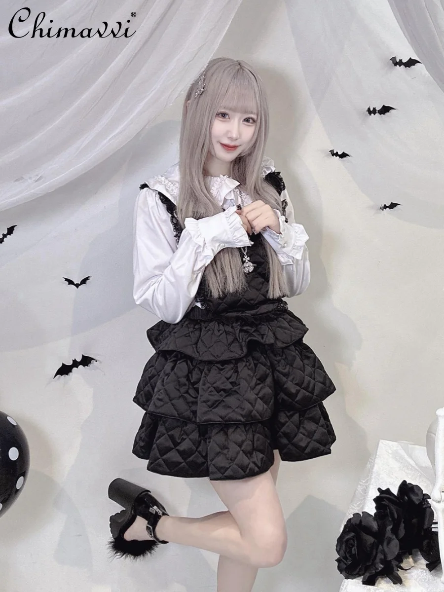 

Japanese Mining Series Pressed Rhombus Plaid Layered Tutu Skirt Winter New Goth Dark Girl Women's Lace Short Strap Skirt