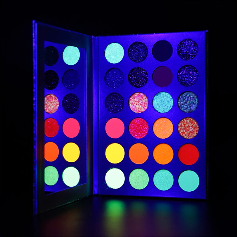 24-Color Glow-in-the-Dark Eyeshadow Palette –Bold & Vibrant Shades, 16 Neon & Fluorescent Shimmers,Long-Lasting, Festival Party