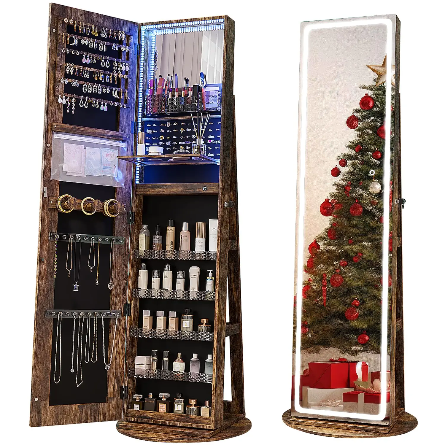 Swivel LED Mirror Jewelry Armoire, Full Length Mirror with Storage