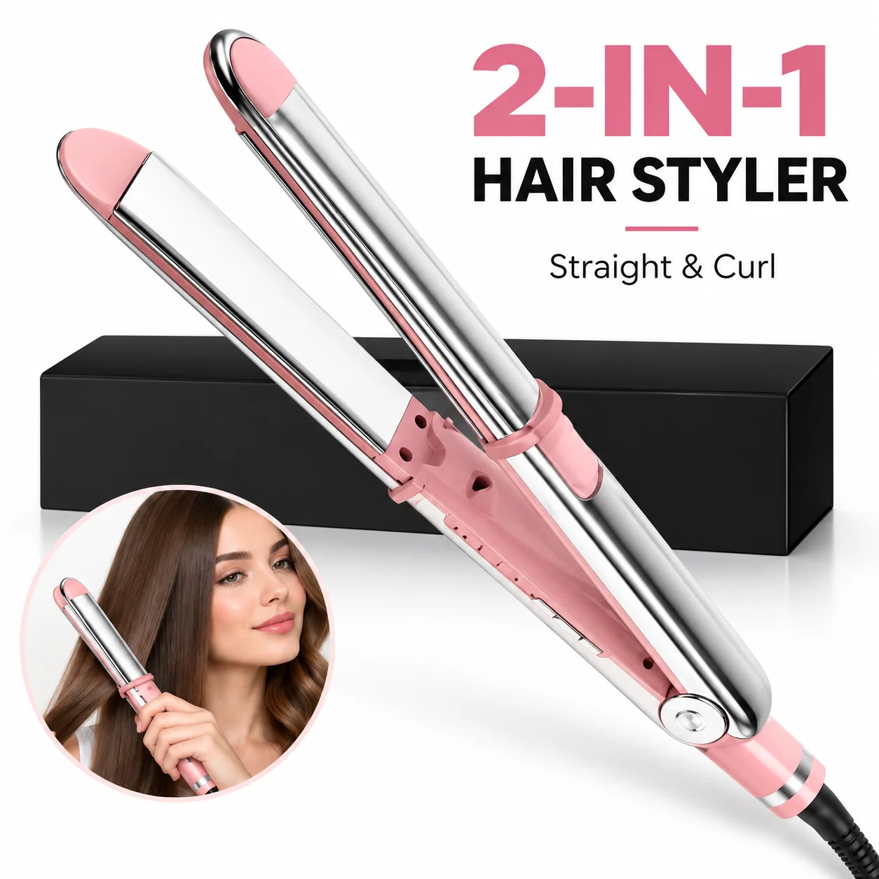 2-in-1 Hair Straightener & Curler for Women, 1-Inch Flat Iron and Curling Styling Tool, Hair Styler for Straight Hair, Soft Curls, Waves & Different Hairstyles, Easy-to-Use Portable Styling Iron for Home, Travel & Daily Use