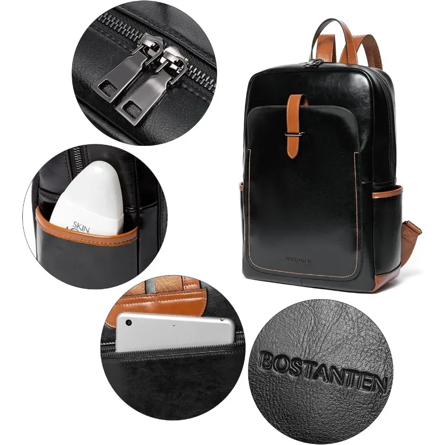 حقيبة ظهر جلدية للكمبيوتر المحمول من BOSTANTEN للنساء مقاس 15.6 بوصة حقيبة ظهر للكمبيوتر محفظة للكلية Daypack حقيبة سفر للعمل باللون الأسود والبني #5