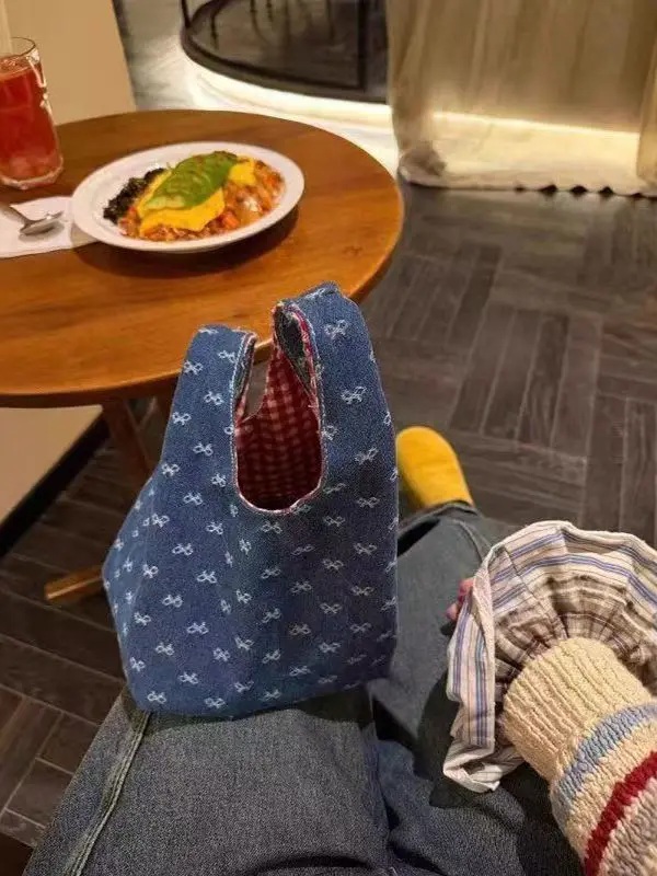 

Симпатичная джинсовая портативная сумка для хранения, повседневная сумка, сумка для ланча, удобная сумка для прогулок, молодежная холщовая сумка Faion