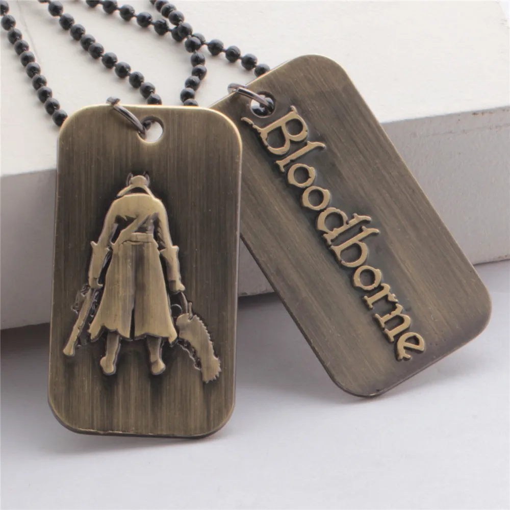 Vintage Bloodborne Hunter with Weapon Relief Pendant Necklace for Men PS4 Dog Tag Military Chain Necklace Fans Collect Jewelry