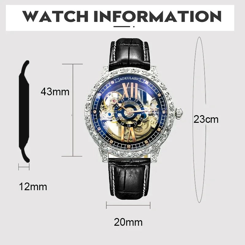 New AOKULASIC Watch Men Hollow Transparent Watches Fashion Retro Carved Case Automatic Mechanical Wristwatches Men Reloj Hombre