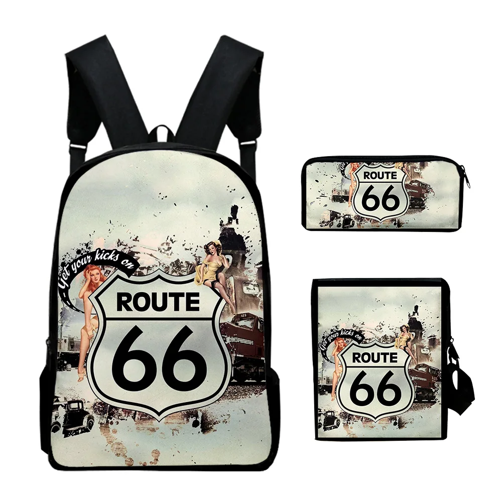 Hip Hop Youthful Funny route 66 3D Print 3pcs/Set Student Travel bags Laptop Daypack Backpack Shoulder Bag Pencil Case