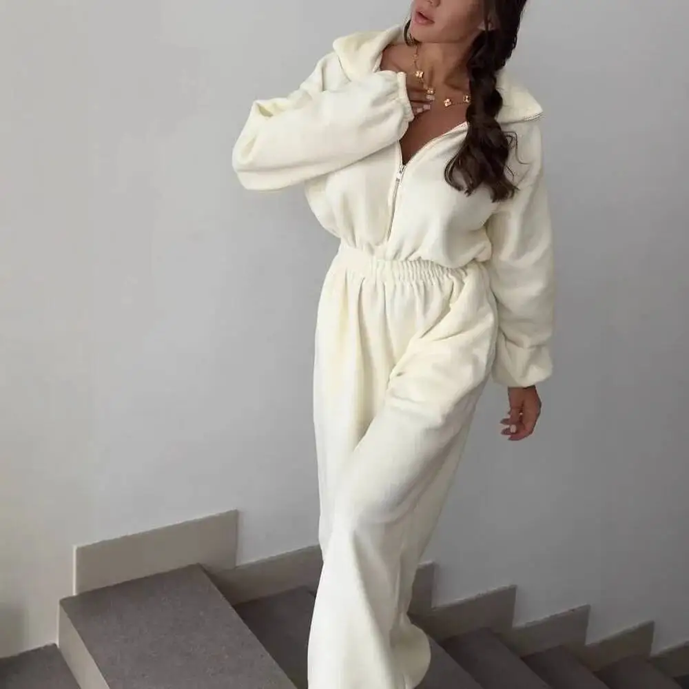 Fashionable Long Sleeve Romper Set Casual Women's Spring Autumn Polyester Elastic Waist One Piece Suit Street Style Pure Color