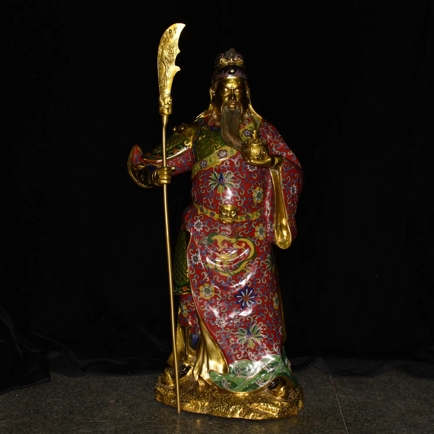 

24"Tibetan Temple Collection Old Bronze Cloisonne Enamel Guan Yu God of Wealth Loyalty Mars worship hall Town House Exorcism