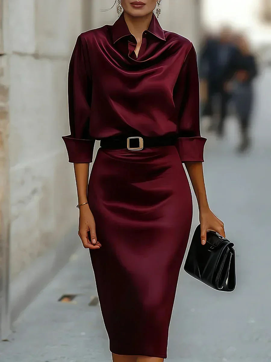 Damen Satin-Midikleid mit Kragen und Wasserfallausschnitt, 3/4-Ärmel, Elegantes Formelles Büro- und Pendlerkleid im Etuikleid-Stil – Detail 3