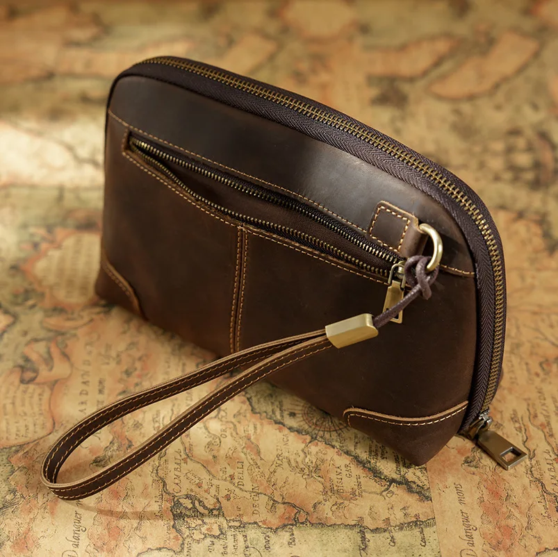2025 Retro Crazy Horse Leather Men's Clutch With Wrist Strap Genuine Leather Data Cable Bluetooth Stationery Storage Bag 45