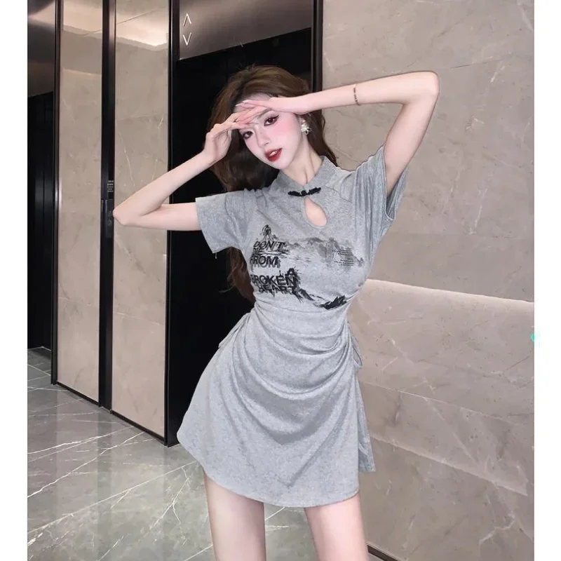 Chinese Style Summer Women's Graceful Mini T Shirts Dress Lady Vintage Print Letter Short Sleeve Shirring Dresses New Clothing