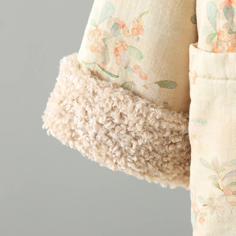 New Chinese Sle Patchwork Woolen Collar Floral Cotton Jaet Women's Warm Mid-Length Robe Polyester Filling Thiened Long ...