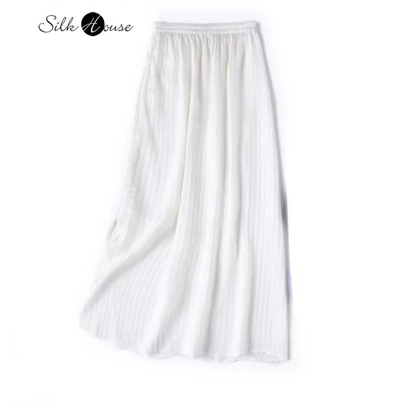 

Vertical Texture Natural Mulberry Silk Pearl Satin Elastic Waist White Side Slit Women's Fashionable Straight Skirt