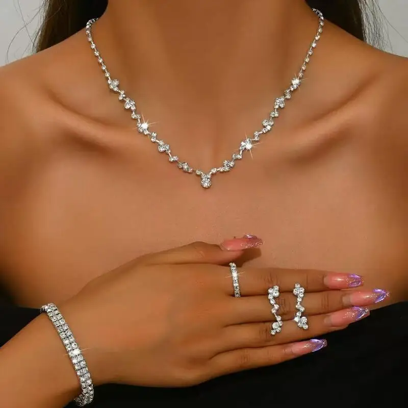5PCS Women Full Rhinestone Jewelry Set , Includes Earrings Bracelet Ring Necklace, Elegant Classic Design.