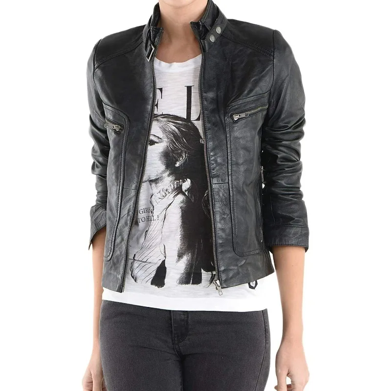 

Women's Lambskin Leather Jacket Black Motorcycle Biker Slim Fit Basic Coat