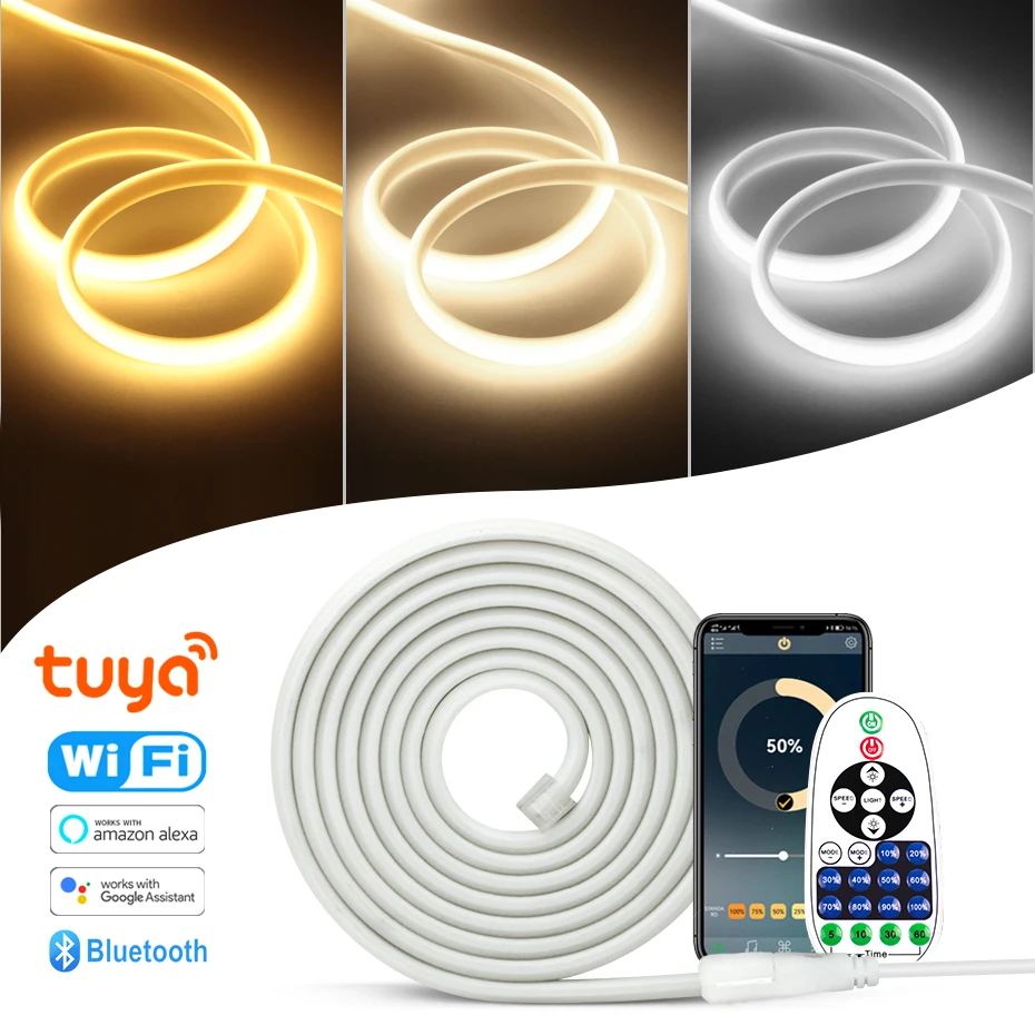 Smart COB Led Strip 220V Tuya WiFi/Bluetooth/Remote Control 288LEDs/m 15M 20M 30M 50M Waterproof Flex COB Led Tape Lamp For Home