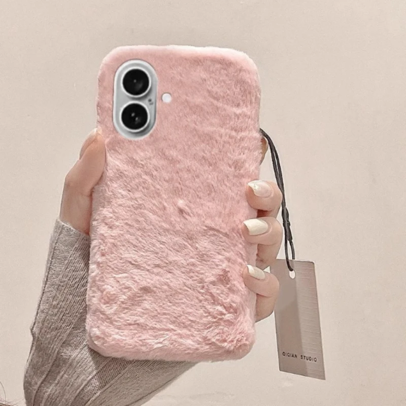 Aesthetic Solid Color Plush Phone Case 4 Colors for iPhone 16/15 Pro Max Android, Winter Soft Fuzzy Protective Cover for Girls