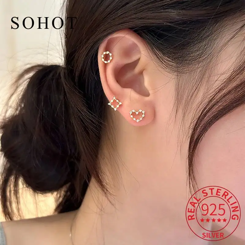 

Real 925 Sterling Silver Zircon Geometric Round Square Mini Stud Earrings for Women Elegant Fine Jewelry Trendy Accessories