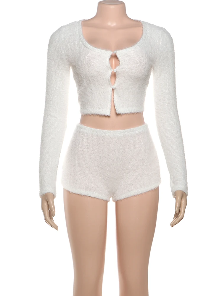 Macheda 2-teiliges Set für Damen, flauschig, einreihig, hohl, U-Ausschnitt, volle Ärmel, bauchfreies Tops + elastische Taille, Mini-Solid-Shorts, Straßenanzüge