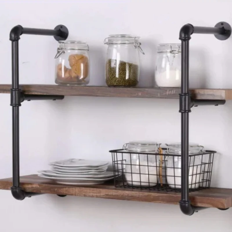 

American Wall Shelf, Multi-Tier Storage Rack, Solid Wood Slat Shelf, Pipe Design Storage Unit, Sturdy Iron Bracket