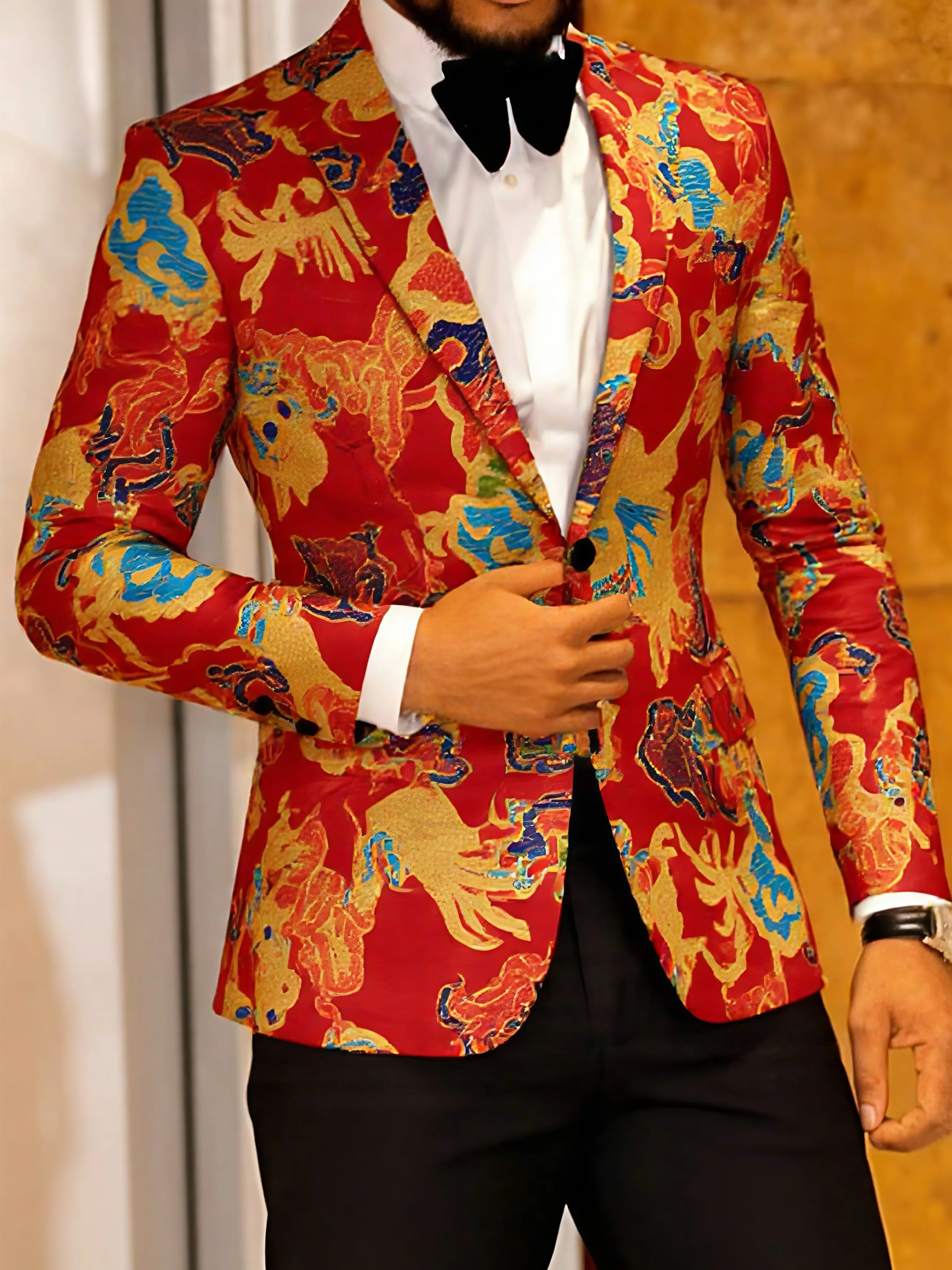 

Men's single-piece red floral-print suit jacket, men's V-neck jacket, casual business jacket, sports jacket, slim-fitting plus-s