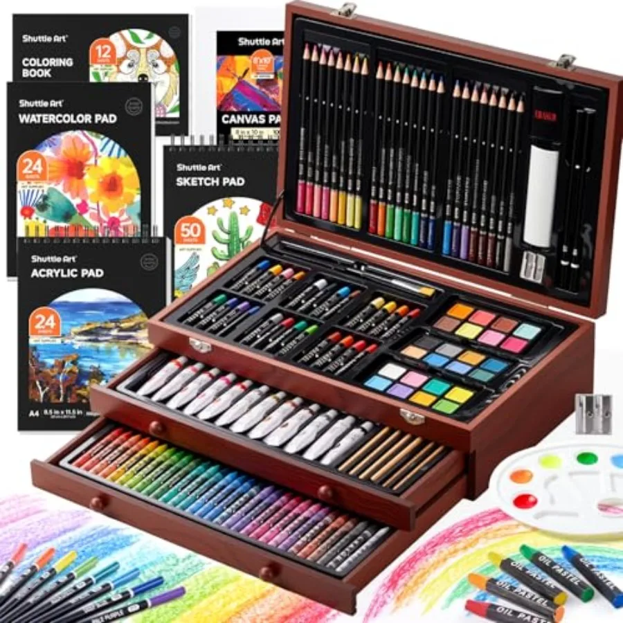 

Набор для творчества Deluxe: 202 предмета, деревянный, с 4 блоками для рисования, холстами, раскрасками, акриловыми красками, мелками, масляными красками
