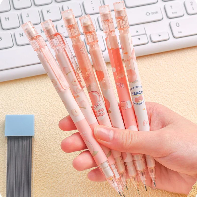 2/4pcs Cute Peach Mechanical Pencils 0.5mm Replaceable Refills Automatic Pencils Kawaii Korean Stationery School Office Supplies