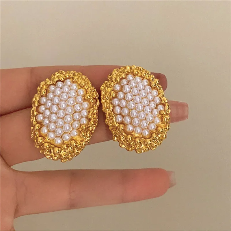 Kshmir Vintage Geometric Metal Pearl Earrings for Women Exaggerated Trendy Party Jewelry Accessories