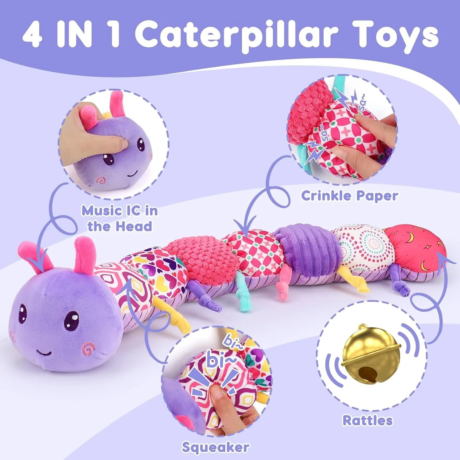 Baby Girl Musical Stuffed Animals Plush Caterpillar Toy with Crinkle Rattles Tummy Time Sensory Learning Montessori birthday
