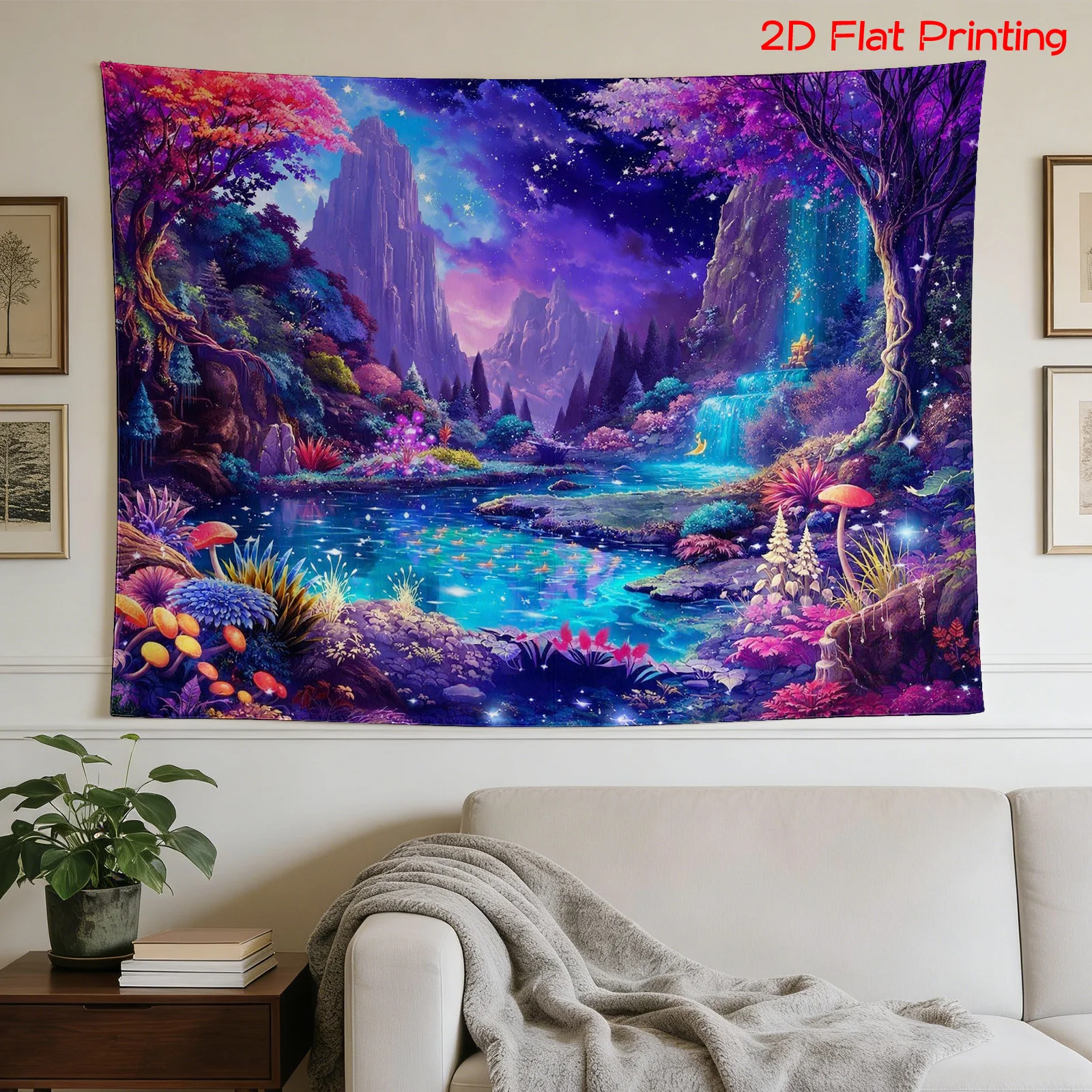 Vibrant Fantasy Landscape Tapestry Wall Art Poster Cosmic Fairy Forest Print Mystical Nature Decor Home Polyester Hanging Canvas