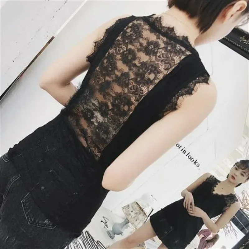 Summer High-quality Slim-fitting Thin Bottoming Shirt Women's Threaded Knitted Sexy Backless Lace Vest Suspenders