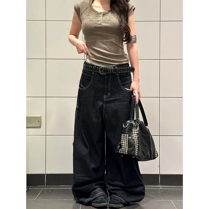 Retro American Street Leopard Print Double Waist Wide Leg Jeans Loose Straight Cut Trousers for Women 2026 Autumn Winter